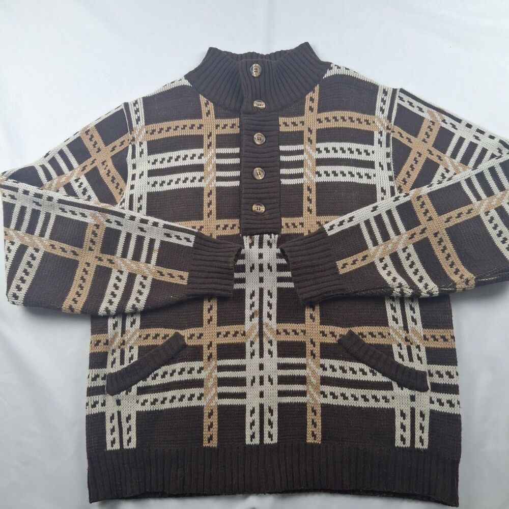 Vtg Mens 60s 70s Pull over  buttons pockets acrylic knit sweater retro L